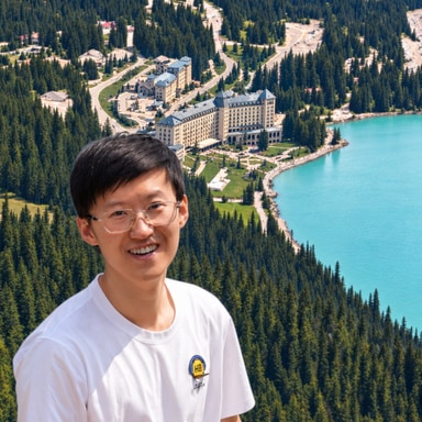 Jialin Li overlooking a forest, hotel, and turquoise lake