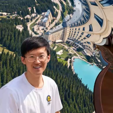 Jialin Li beside a spiral that leads through a hotel room into a framed picture